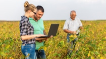 A BASF worker shows a laptop to a grower in a field. A BASF worker shows a laptop to a grower in a field.