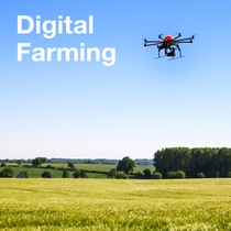Drone flying over green field with trees and 'Digital Farming' text in sky, symbolizing smart agriculture. - The text in the image reads: Digital Farming. Drone flying over green field with trees and 'Digital Farming' text in sky, symbolizing smart agriculture. - The text in the image reads: Digital Farming.